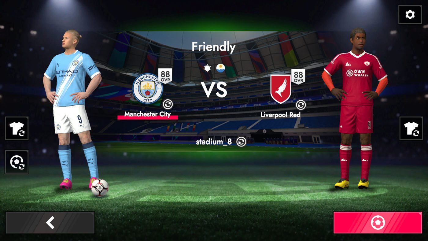 Friendly match setup screen with two teams facing off