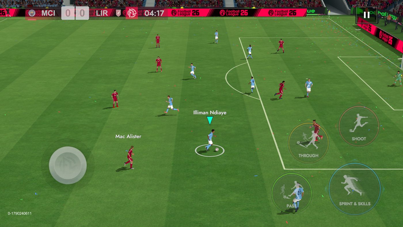 In-match gameplay with Manchester City in possession and on-screen controls