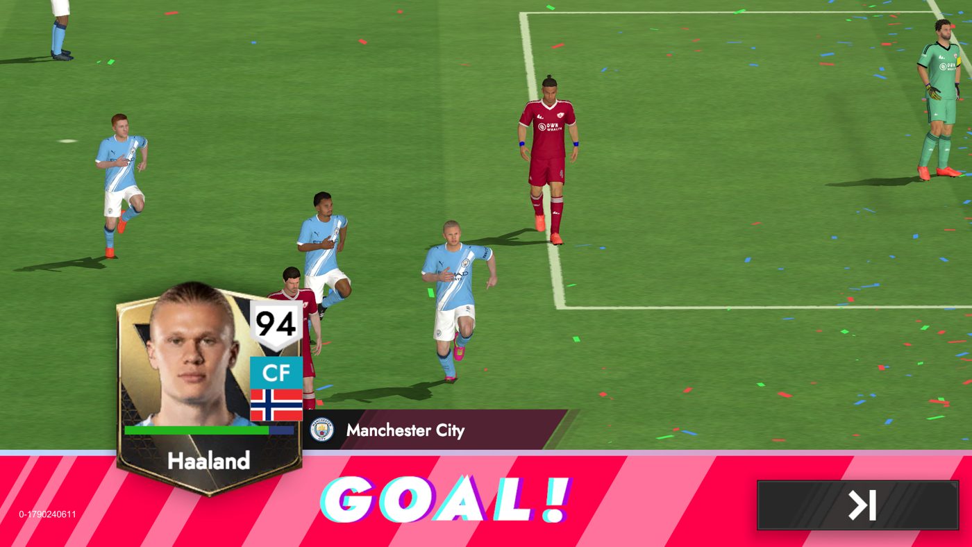 Goal celebration screen featuring the scorer’s player card