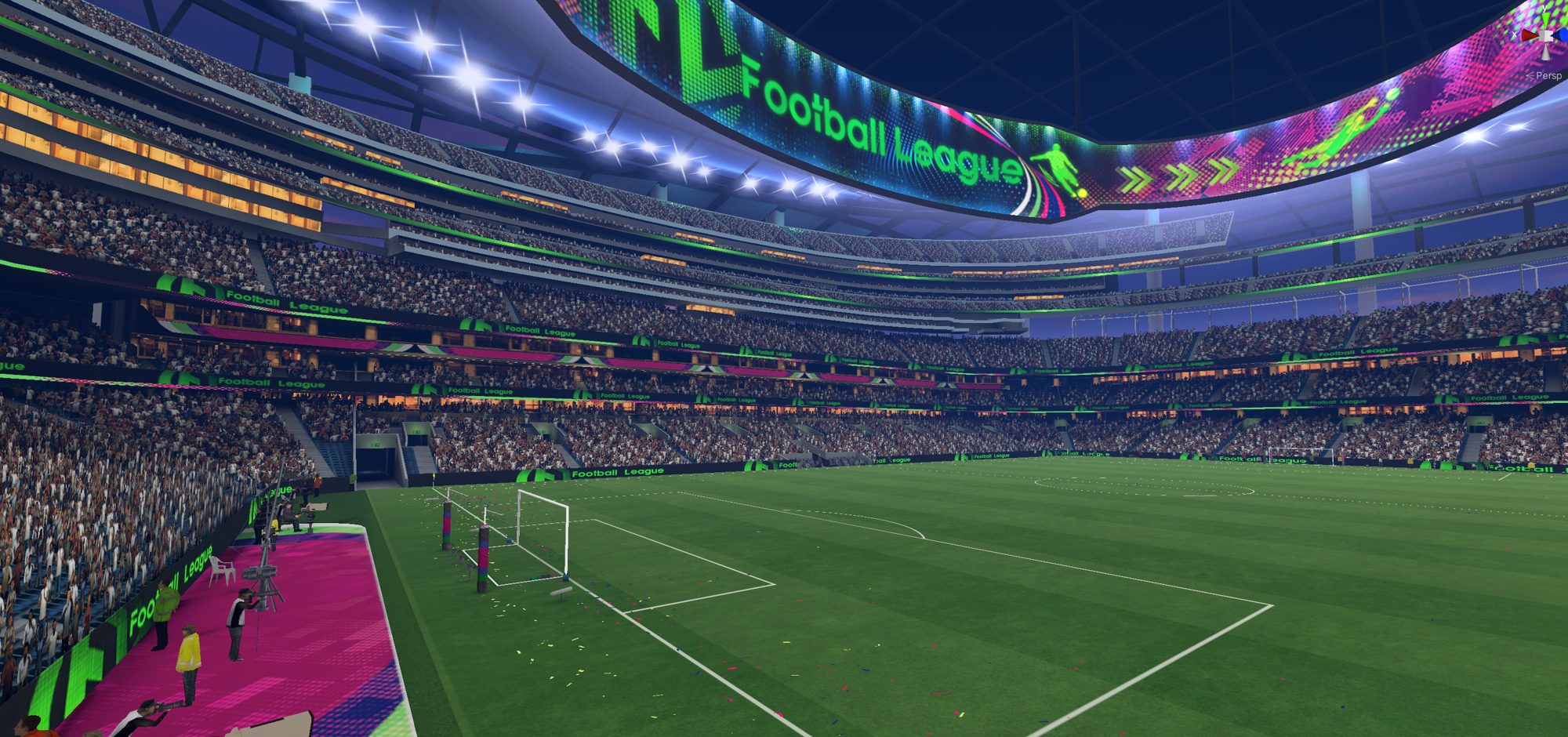 The new Football League 2027 stadium, packed stands under a curved Football League big screen
