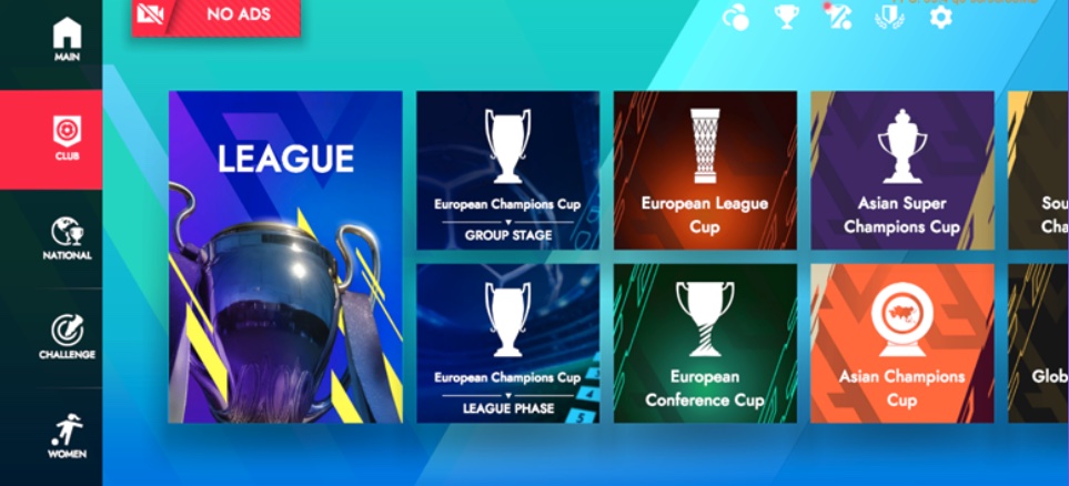 Tournament and league selection screen