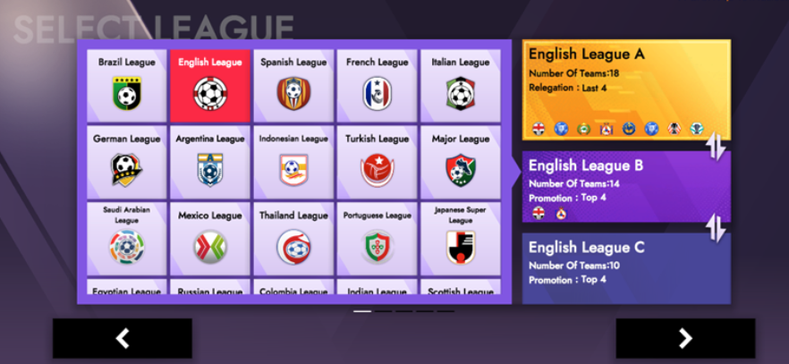 League selection UI